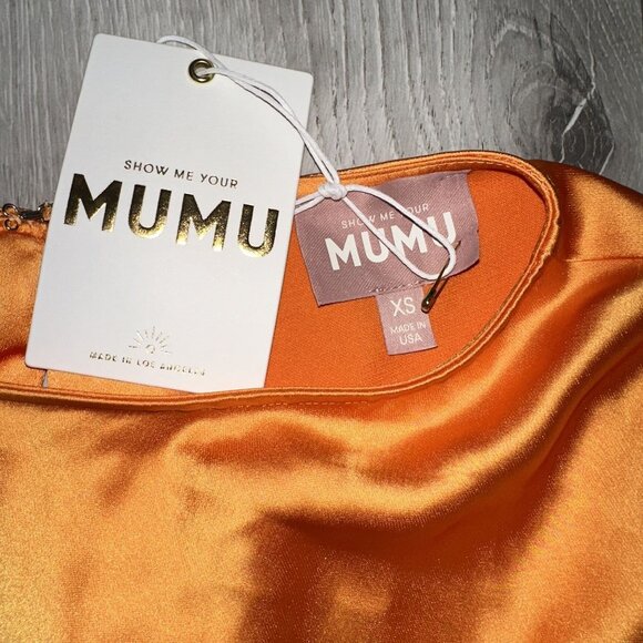 Show Me Your Mumu Sarah Tangerine Fluid Satin Midi Dress Women's X-Small XS - Picture 4 of 8